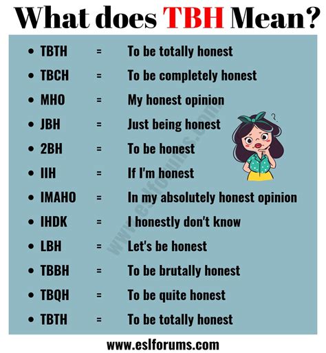 What does the abbreviation TBH stand for? Meaning: to be honest. How to use TBH in a sentence.